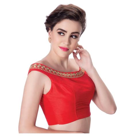 Red Boat Neck Dupion Silk Princess Cut Padded Off Shoulder Sleeveless ...