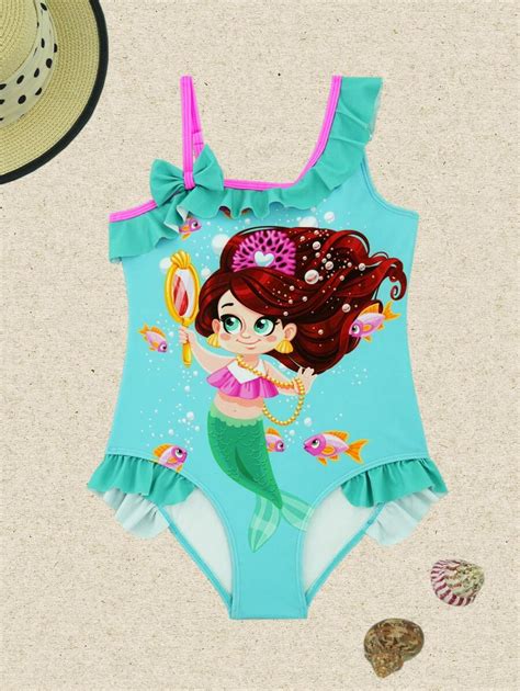 Tween Girl One Piece Swimsuit With Mermaid Print Ruffled Hem And Bow Decoration Shein Usa