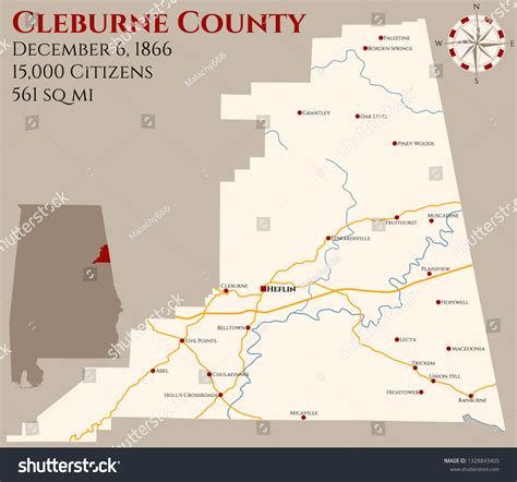 Large Detailed Map Cleburne County Alabama เวกเตอร์สต็อก ปลอดค่าลิขสิทธิ์ 1328843405