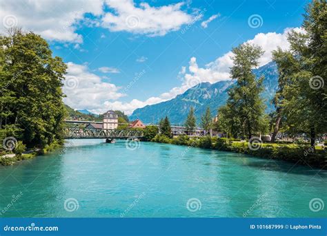 Europe Train In Interlaken Town Over Thunersee River Stock Image