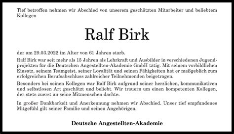 Traueranzeigen Von Ralf Birk Rz Trauer De