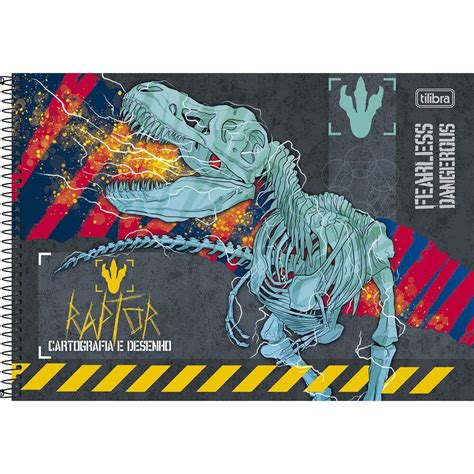 Caderno De Desenho Espiral Capa Dura Fls Azul T Rex Raptor Tilibra