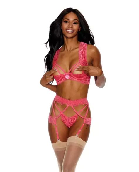 Shirley Of Hollywood Lace Underwire Open Cups Shelf Bra Set Coral £35