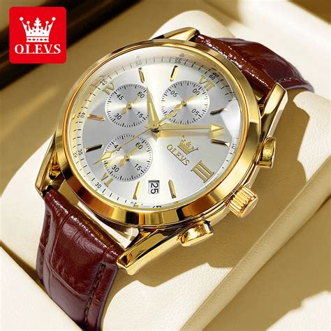 OLEVS Reloj De Pulsera Con Correa De Cuero Para Hombre Cron Grafo De