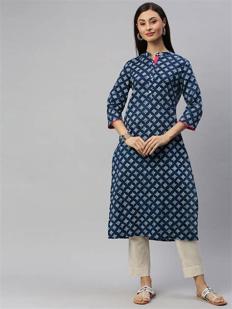 Buy Anouk Women Navy Blue And White Printed Straight Kurta Kurtas For