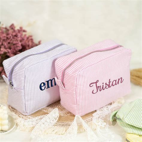 Personalized Seersucker Makeup Bag Embroidered Cosmetic Bag Etsy Canada