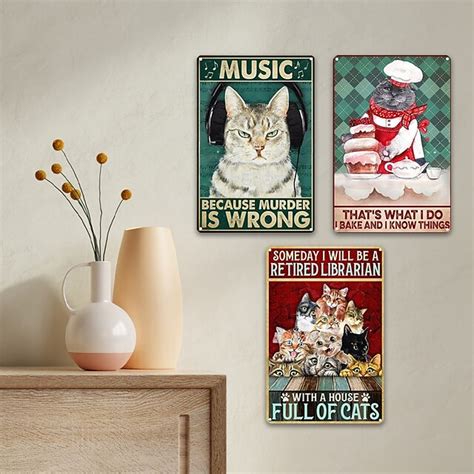 1pc Retro Metal Tin Sign Cute Cat Tin Sign Vintage Kitchen Signs Wall