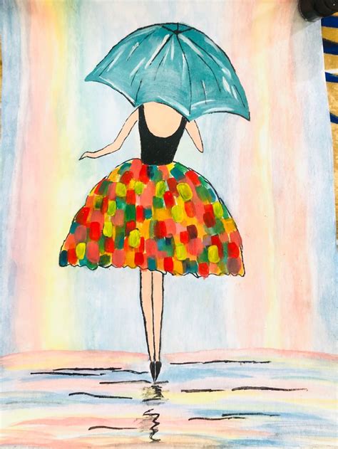 A Drawing Of A Woman In A Colorful Dress Holding An Umbrella Over Her