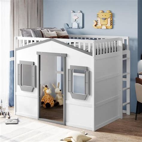 Harper And Bright Designs White With Gray Full Size Wood House Loft Bed