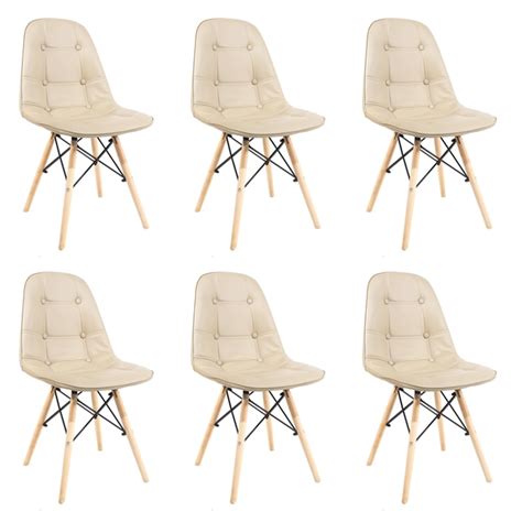 Kit 6 Cadeiras Eames Botone Em Courino Base Madeira Sem Braço Nude Leroy Merlin