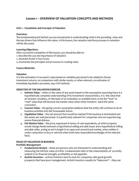 Lesson 1 Overview OF Valuation Concepts AND Methods Accountancy