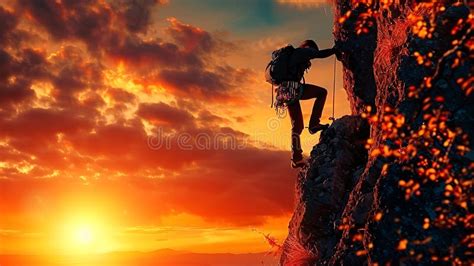 A Silhouette Of Man Climbing On Rock Mountain At Beautiful Sunset AI