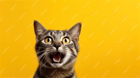 Premium Photo Crazy Screaming Cat On A Yellow Background Cat With