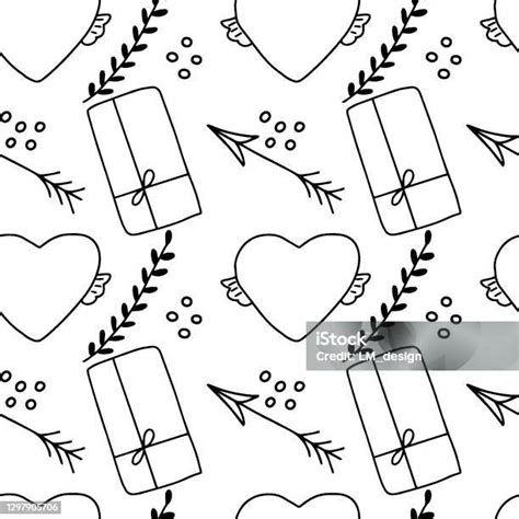 발렌타인 데이 낙서 원활한 패턴 선물 상자 꽃 요소 날개가있는 하트 흑백 낮에 대한 스톡 벡터 아트 및 기타 이미지 낮