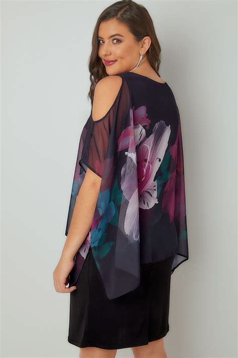 Black Cold Shoulder Double Layer Cape Dress With Floral Print Plus