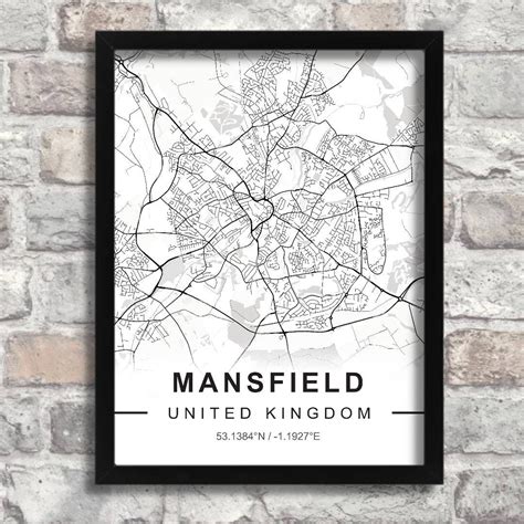 Map of MANSFIELD, Black and White Map Print, City Print, Cityscape, Framed Wall Art, Custom Map ...