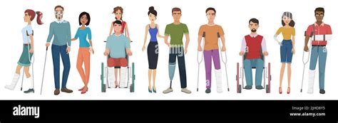 People With Disability Friends Helping Them Set Vector Illustration