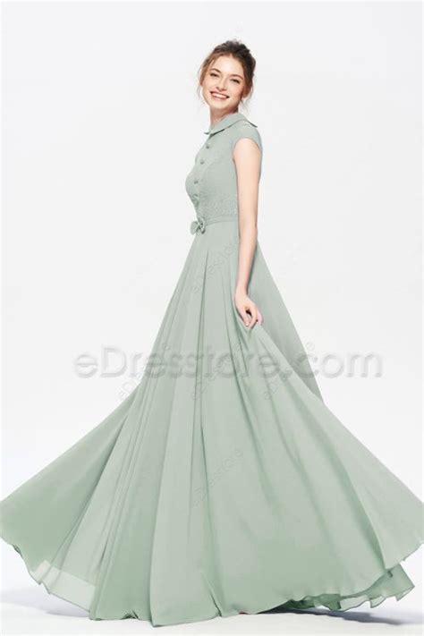 Modest Dusty Sage Bridesmaid Dresses Cap Sleeves EDresstore