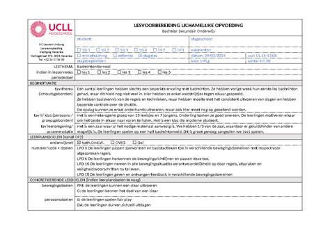 Lesvoorbereidingsformulier Badminton Studocu Uc Leuven Limburg