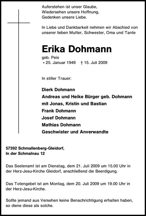 Traueranzeigen Von Erika Dohmann Trauer In Nrw De