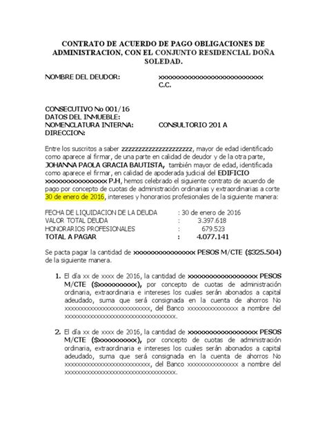 Contrato De Acuerdo De Pago Modelo 1 5259 Pdf Deuda Economias