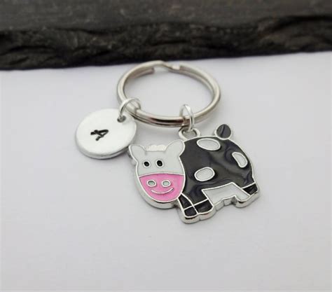 Cow Keychain Cow Keyring Initial Keyring Hand Stamped Etsy