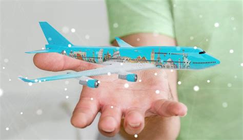 Businessman With Plane And Famous Landmarks Of The World 3d Rend Stock