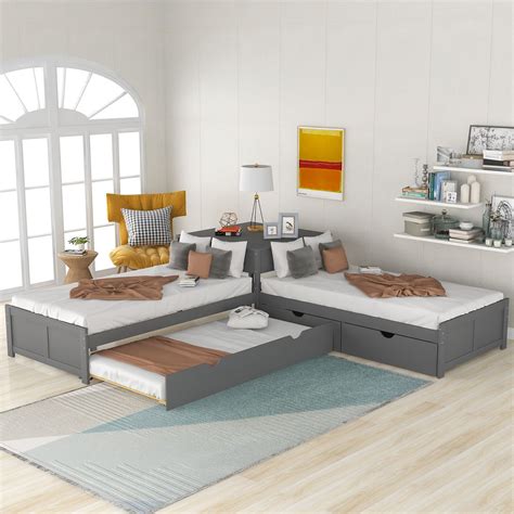 L Shaped Twin Platform Bed With Trundlelinked With Built In Desk On