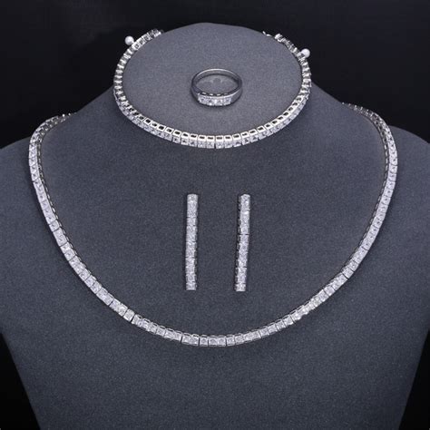 Zhe Fan Luxury White Jewelry Set Rectangle Aaa Cubic Zirconia Pcs