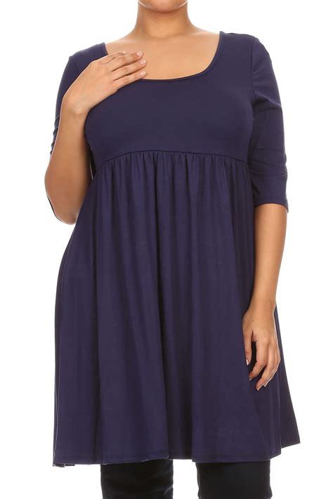 Women Plus Size Half Sleeve Solid Babydoll Casual Tunic Top Dress Navy