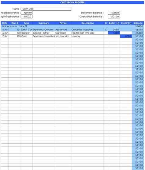 Printable Check Register Template Excel