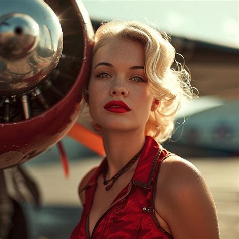Premium AI Image A Blonde Pin Up Girl Leaning On A Vintage Aircraft