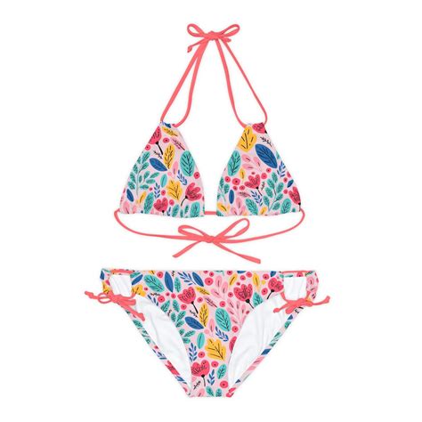 Strappy Bikini Set AOP Perfect Summer Two Piece Swimsuit Fun Floral In Happy Pink Adjustable