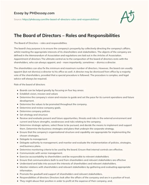 The Board of Directors – Roles and Responsibilities - PHDessay.com