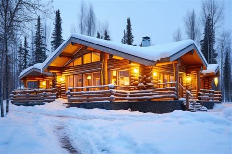 Caba A De Madera Cubierta De Nieve Con Ventanas Brillantemente