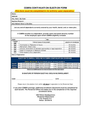 Fillable Online Cobra Continuation Election Form Fax Email Print