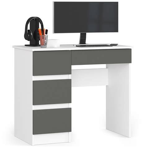 Bureau Dordinateur Akord Gauche A7 Blanc 90 Cm 4 Tiroirs Façade Gris