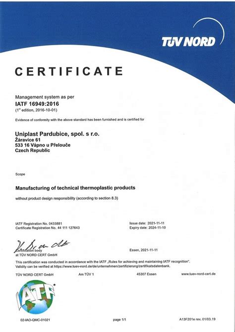 Certification UNIPLAST Pardubice Spol S R O