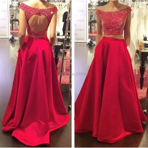 Pieces Red Prom Dresses Open Back Sparkly Beaded Crop Tops Prom Gowns