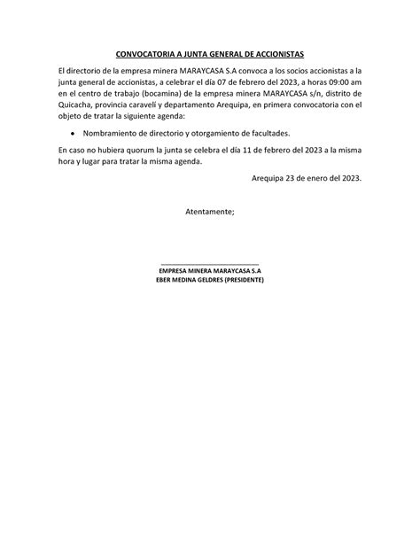 Convocatoria A Junta General De Accionistas Convocatoria A Junta