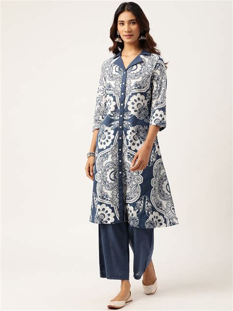 Buy Sangria Women Navy Blue Ethnic Motifs Printed Pure Cotton Kurta