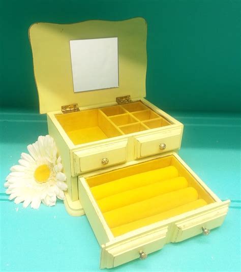 Small Shabby Chic Vintage Wooden Jewelry Box Painted Yellow Etsy