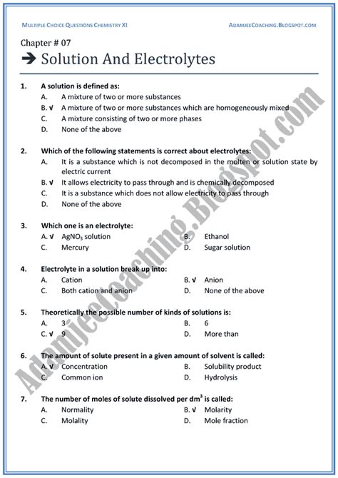 Adamjee Coaching Xi Chemistry Mcqs Solution And Electrolytes