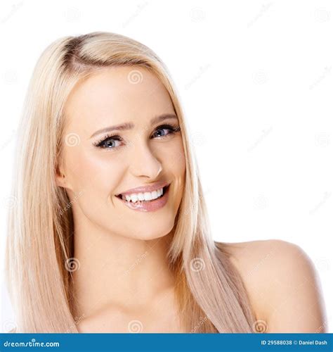 Glückliche Langhaarige Blonde Frau Auf Weiß Stockfoto Bild von nett getrennt