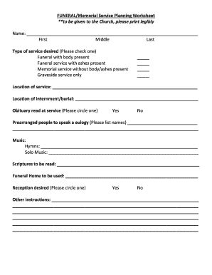 Fillable Online FUNERAL Memorial Service Planning Worksheet Fax Email