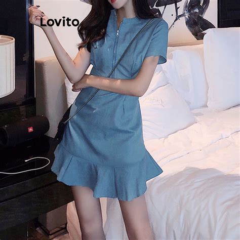 Lovito Vestido Feminino Manga Bufante Elegante Bainha Babados E