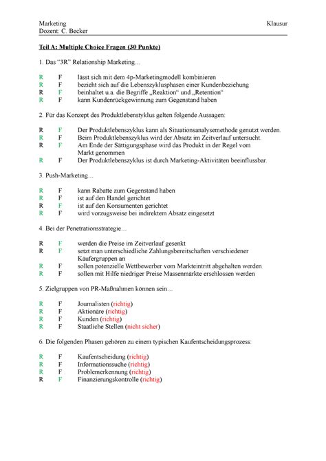 Marketing Klausur Dozent C Becker Teil A Multiple Choice Fragen