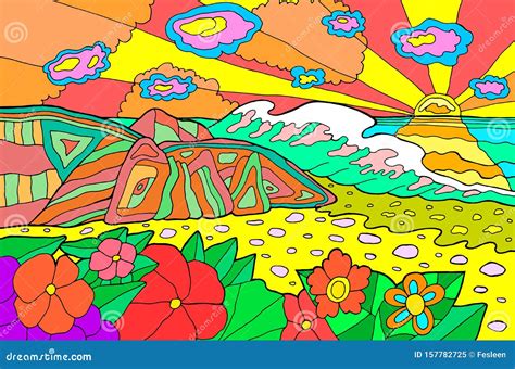 Psychedelic Illustration With Seaside Landscape Ocean Sunset Colorful