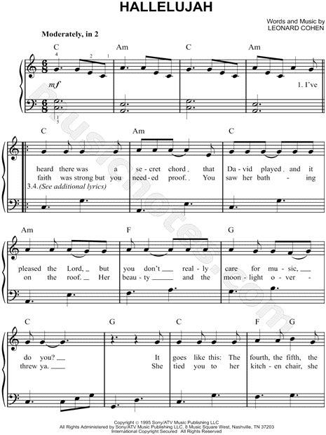 Leonard Cohen Hallelujah Sheet Music Easy Piano In C Major Transposable Download And Print