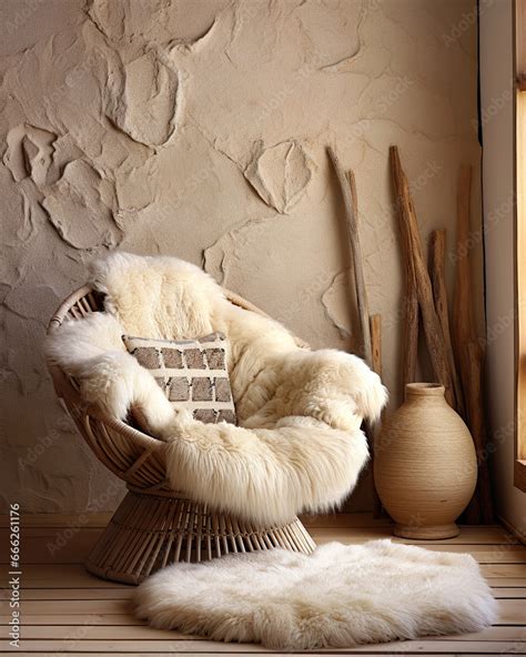 Rattan Papasan Chair Against Beige Stucco Wall Rustic Country